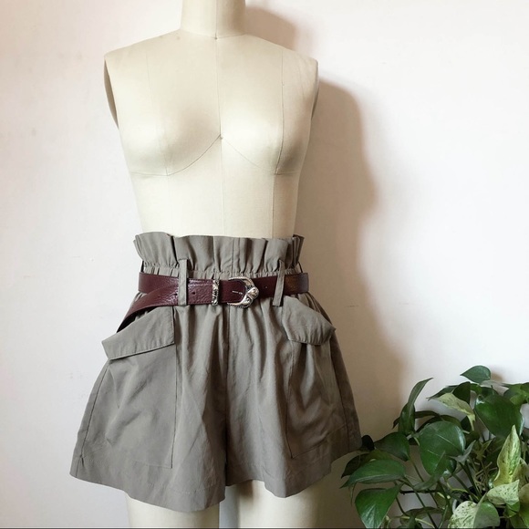 Vintage Pants - Light Olive Crepe Paperbag shorts